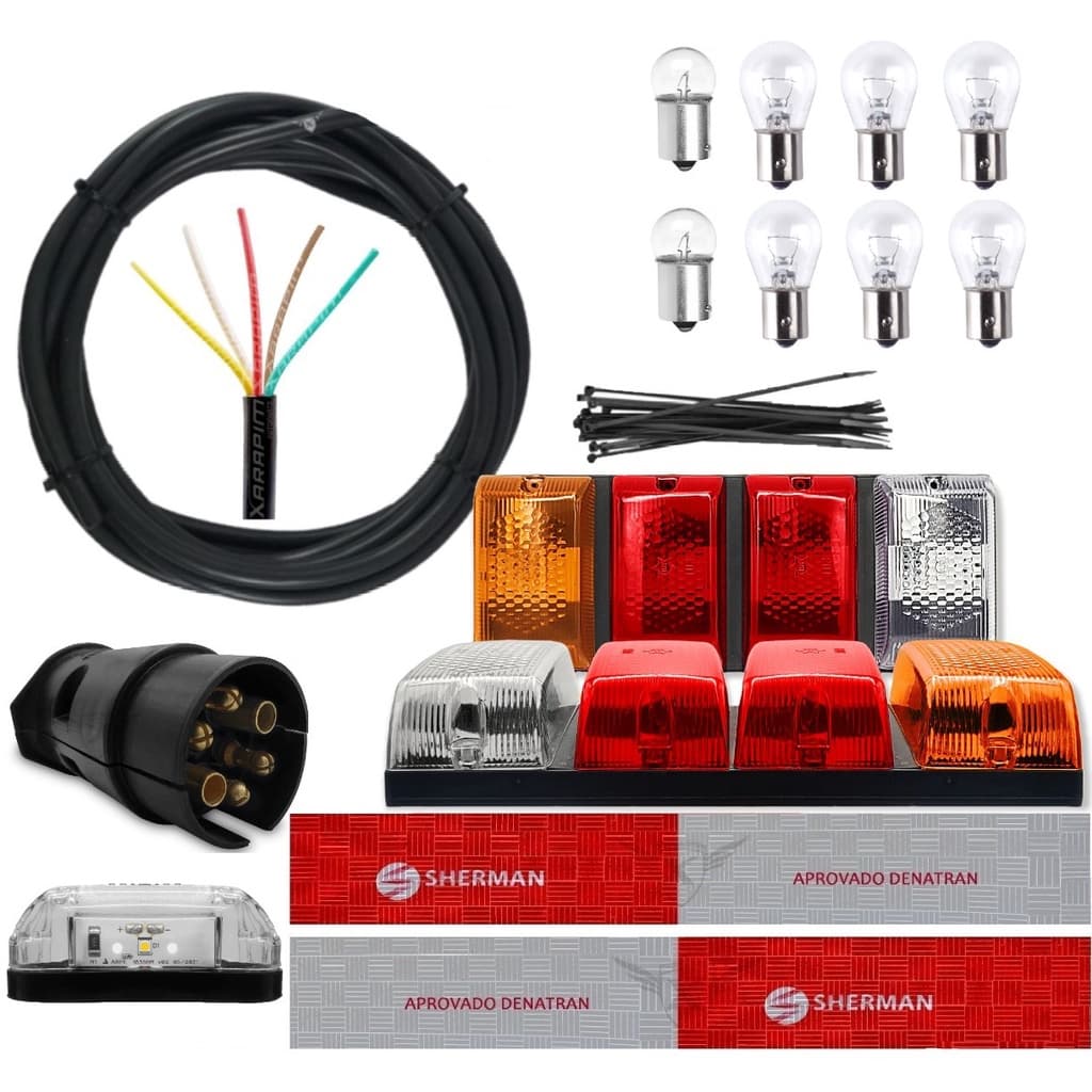 Kit Eletrico Carretinha Reboque Lanterna Com Ré Completo Com 4 Metros De Cabo