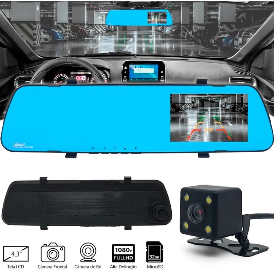 Câmera De Ré + Frontal C/ Gravação + Espelho Retrovisor Lcd