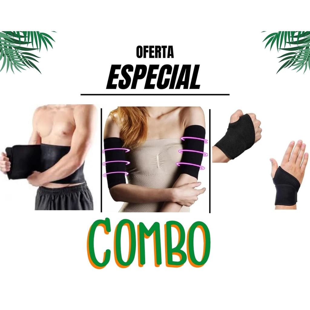 Kit Cinta Redutora Abdominal + Cinta de Braço + Munhequeira ajustável