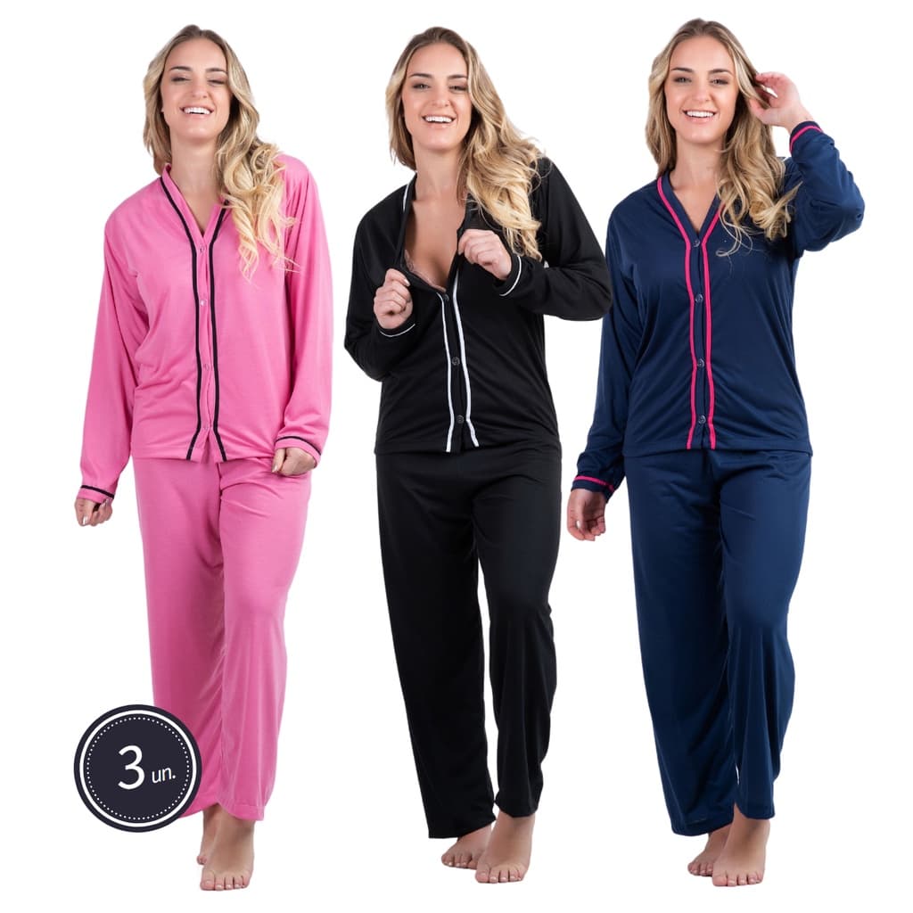 Kit 3 Conjuntos Pijama Feminino Adulto Longo Botão Roupa De Dormir Maternidade Amamentação Confortável Promoção 354