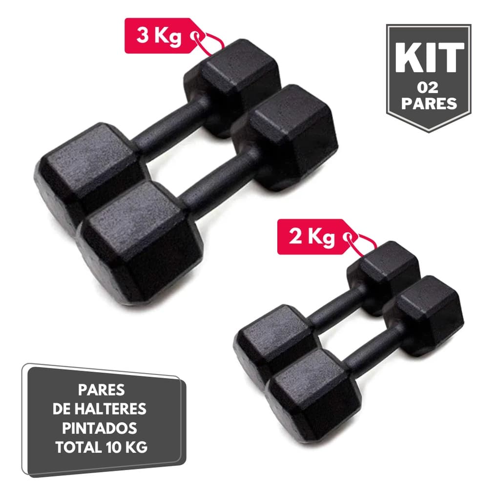Kit Par Halter Sextavado Pintado 2 e 3 Kg - Total 10 Kg