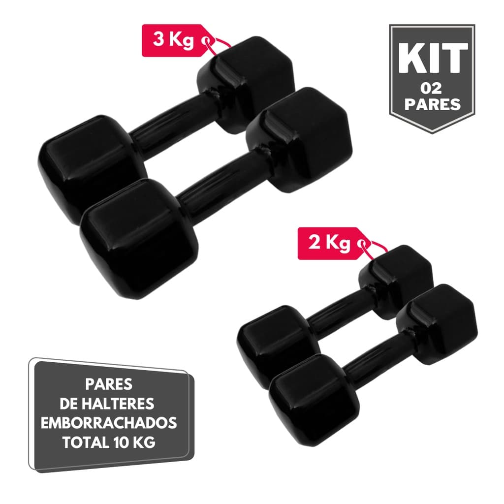 Kit Par Halter Sextavado Emborrachado 2 e 3 Kg - Total 10 Kg