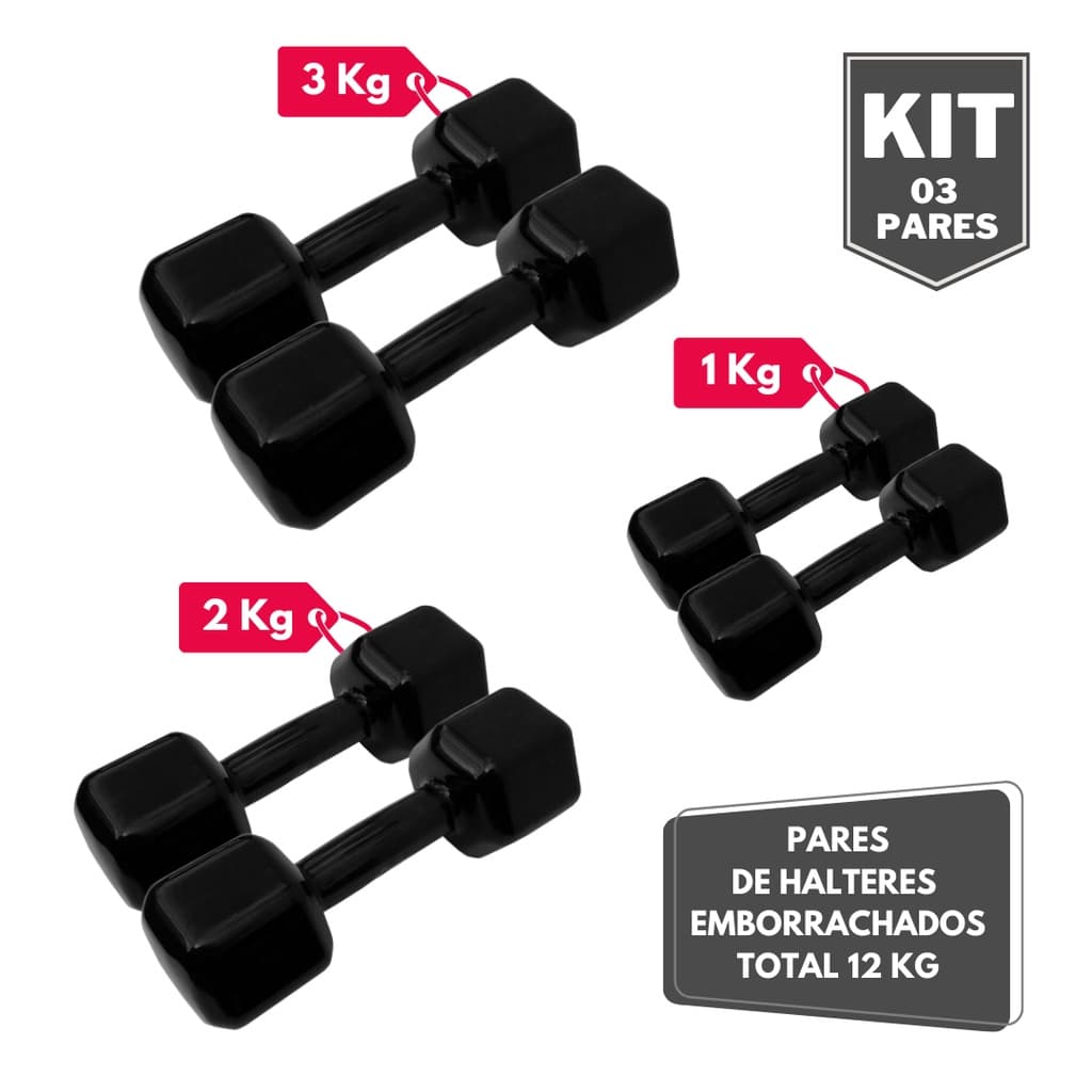 Kit Par Halter Sextavado Emborrachado 1 2 e 3 Kg - Total 12 Kg