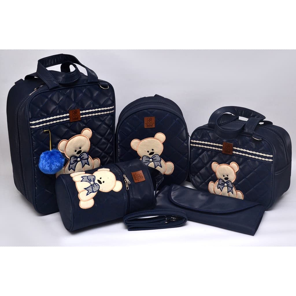 Kit Bolsa/Mala Maternidade Mochila Masculina/Menino 5 Peças Azul Escuro Urso