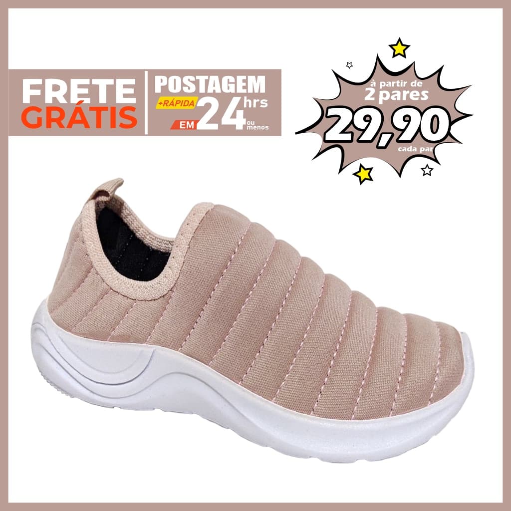 Tênis sem cadarço Calce Fácil Infantil nude bordado rosa solado antiderrapante delicado casual