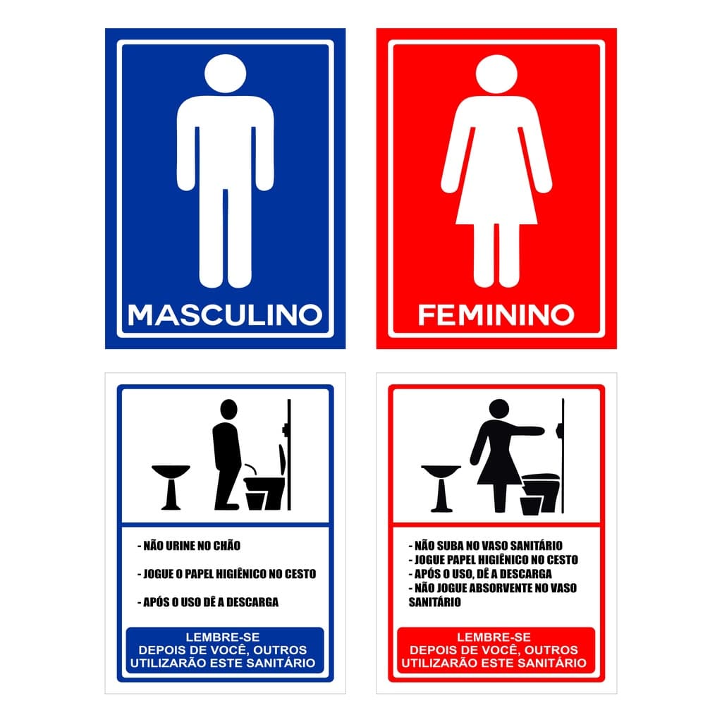 Kit 4 Placas Sinalização Banheiro WC Masculino Feminino Porta Poliestireno Diversos Modelos