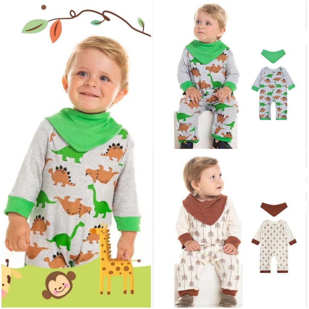 KIT MACACÃO COMPRIDO PIJAMA MASCULINO BEBÊ - 2 Peças - MACACÃO LONGO + BANDANA BABADOR - MENINO - 100% ALGODÃO