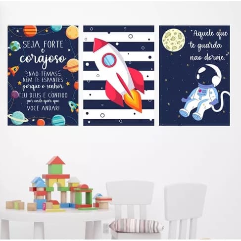 Quadros Menino Foguete Astronauta Quarto Kit 3 Peças