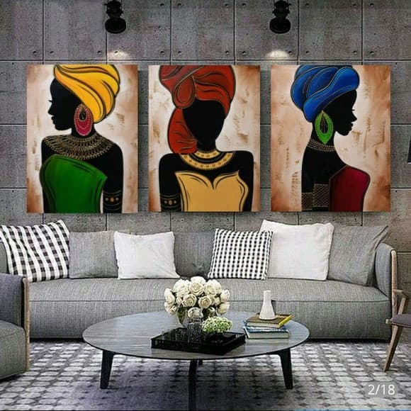 Kit Quadros Decorativo Mosaico 95x50 3 peças MDF Mulher Negra Africana Colorido Pintura Sala Hall