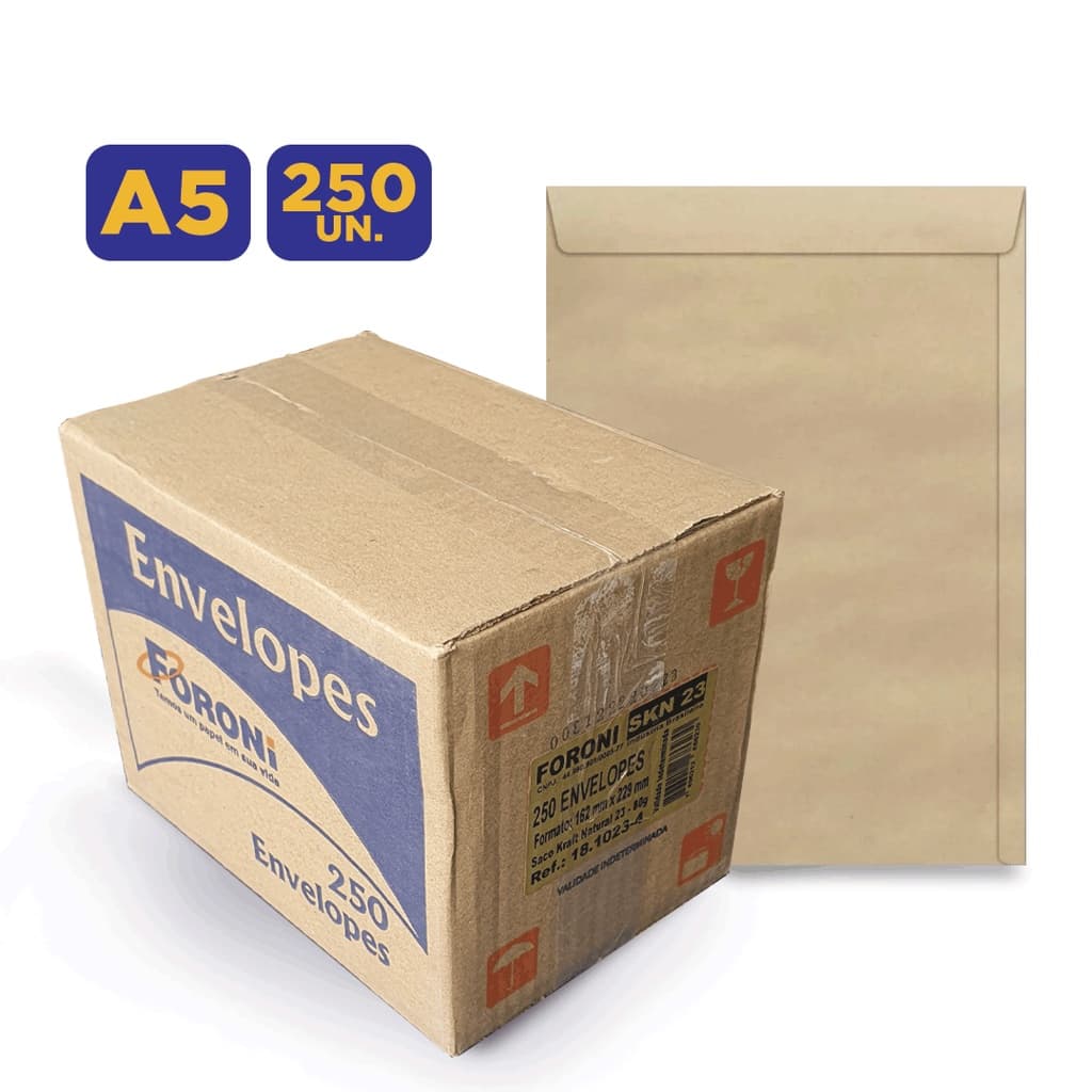 Envelope Saco A5 16,2x22,9CM Kraft/Pardo - Caixa com 250 unidades Foroni
