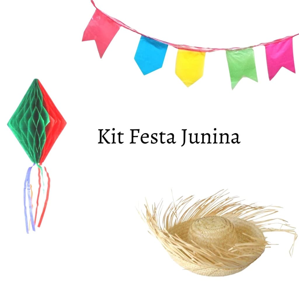 Kit Para Decoração Enfeite Festa Junina São João Arraia - 50mts Bandeirinha 1 Balão 5 Chapeus Palha