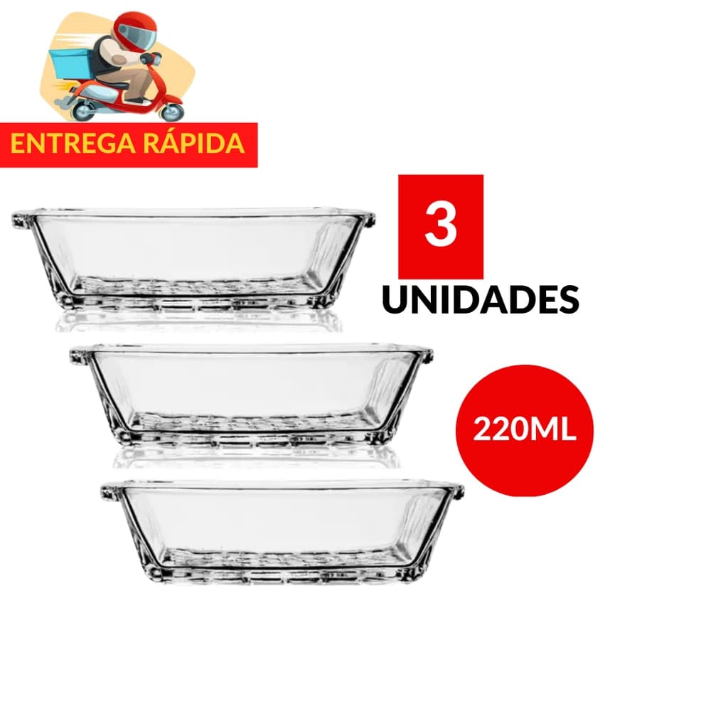 Jogo de Tigelas Retangulares de Vidro 220ML 3 Peças - Conjunto de Tigela Retangular para Petiscos/Sobremesas