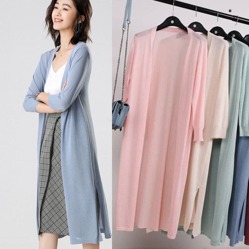 2023 novo Cardigan de malha de seda gelo feminino jaqueta de comprimento médio verão estilo fino protetor solar camisa v