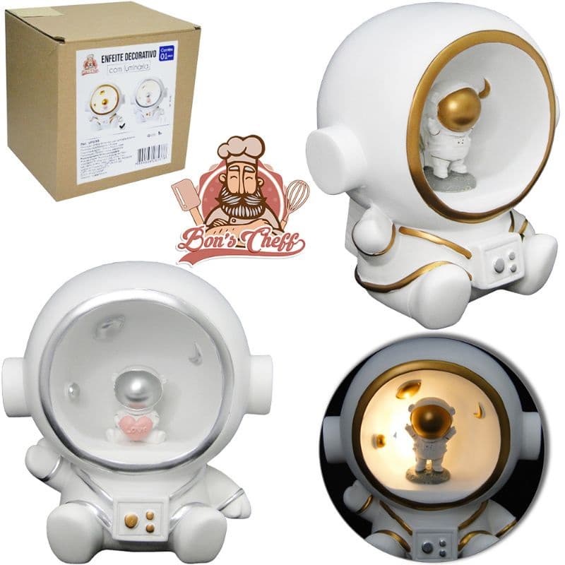 ABAJUR LUMINARIA DE LED ASTRONAUTA SENTADO DE RESINA A BATERIA 15X11CM