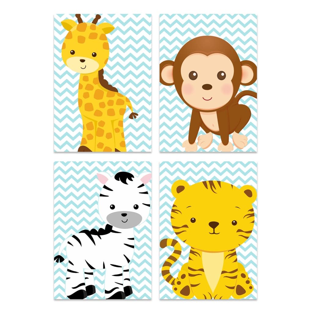 Kit 4 Quadros Kids Bebe Safari Infantil Menino Baby Quarto Decoração Quarto para bebe
