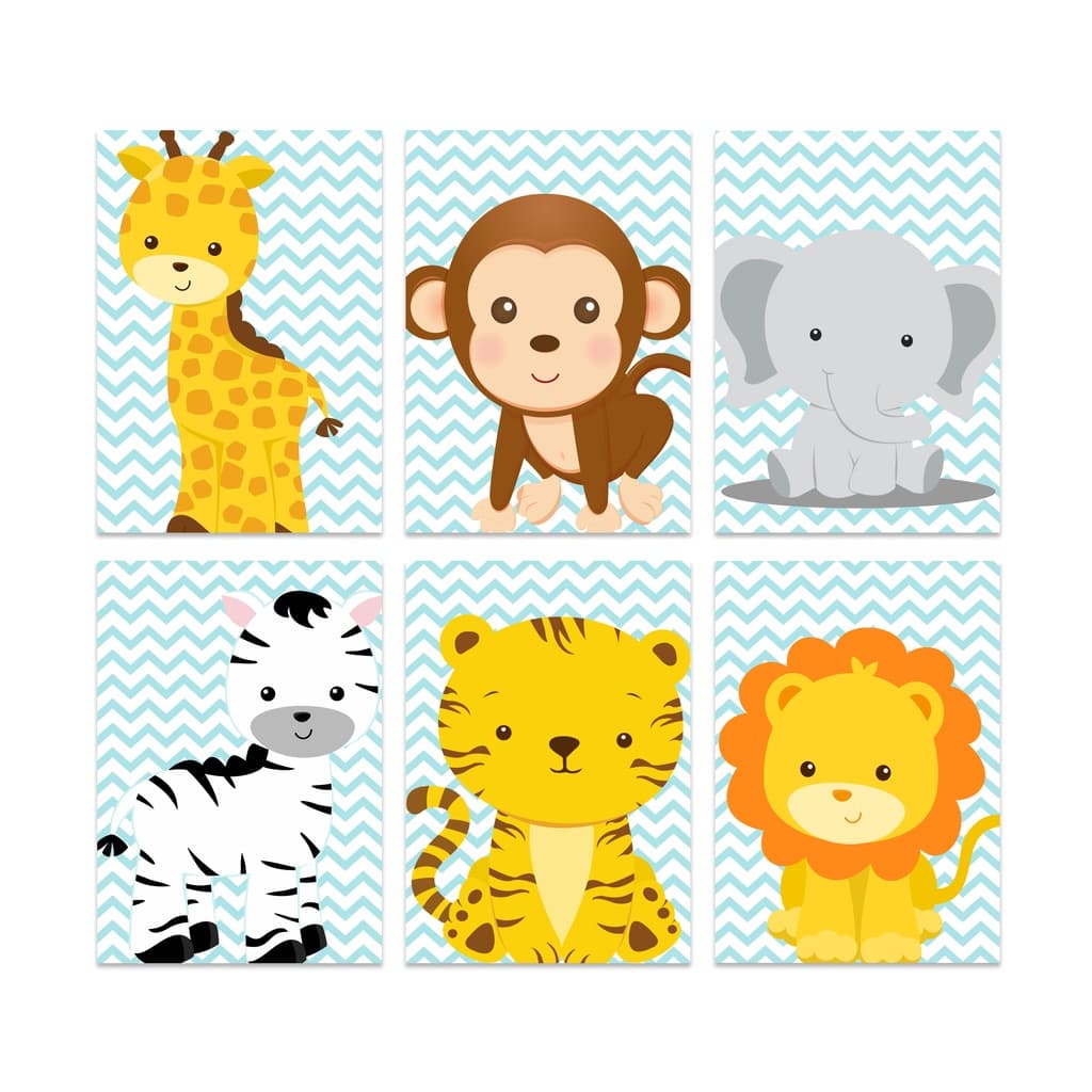 6 Quadros Kids Bebe Safari Infantil Menino Baby Quarto de Bebe Menino Animais