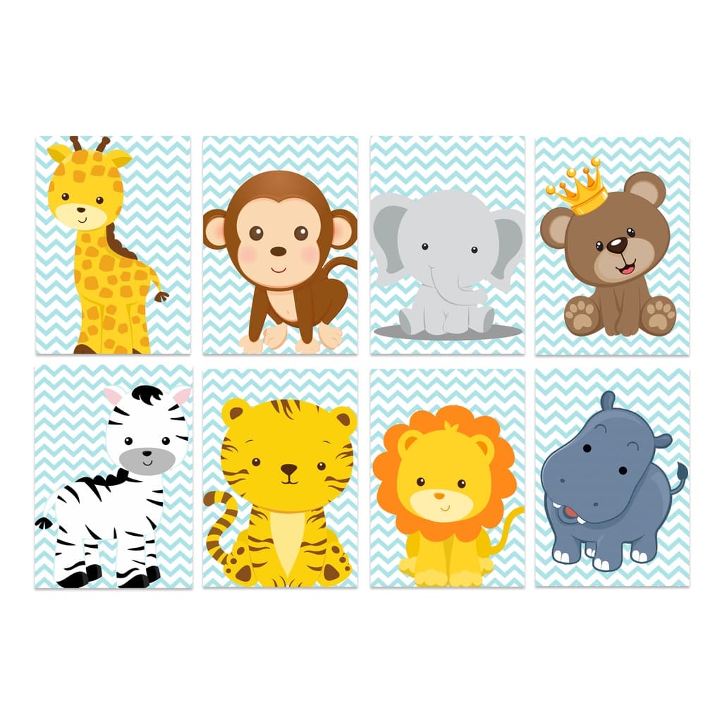 Kit 8 Quadros Kids Bebe Tema Safari Infantil Menino Baby Quarto para bebe quarto de menino