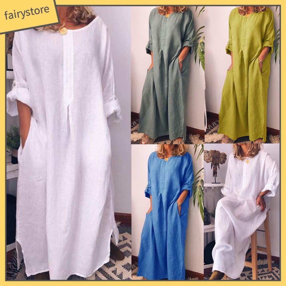 Fairystore|| Vestir Vestido Kaftan / Camisa Longa De Algodão / Linho / Cor Lisa / Casual / Feminino / Kaftan