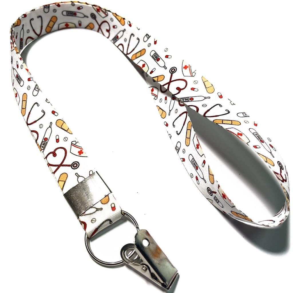 Cordão para Crachá tema Enfermagem, Enfermeiro, Medicina e Médicos Branco C0391P com Jacaré