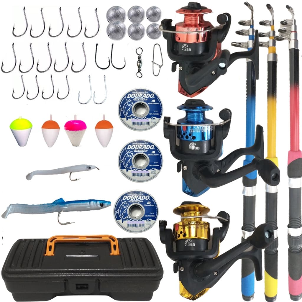 Kit De Pesca Vara Telescópica + Molinete 10kg C/ Boias Iscas Artificiais Anzol 3 Varas 3 Molinetes