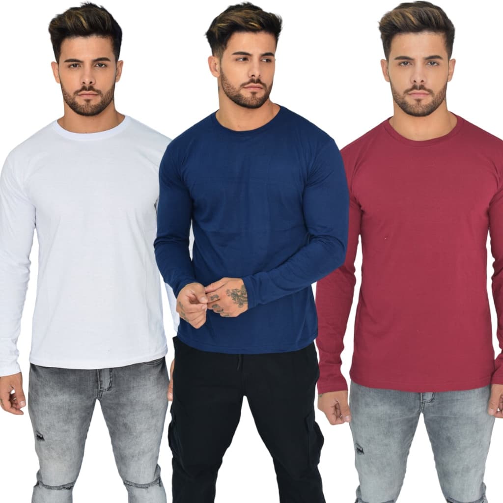 Kit Com 3 Camisas Manga Longa Masculinas Algodão PREMIUM Linha Maximos.