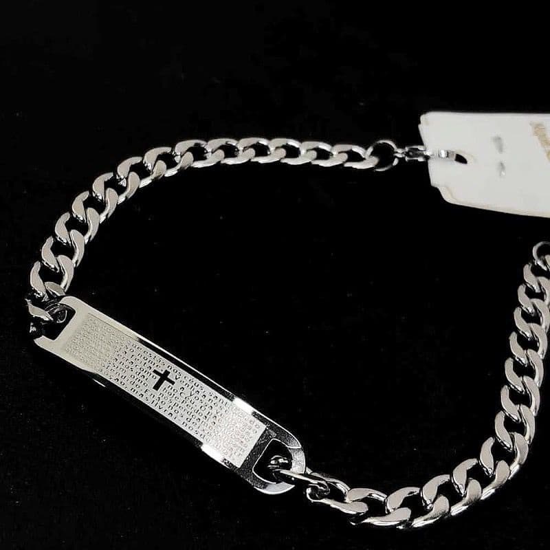 Pulseira Masculina Placa Pai Nosso em Aço Inoxidável Banho Cor Prata 925