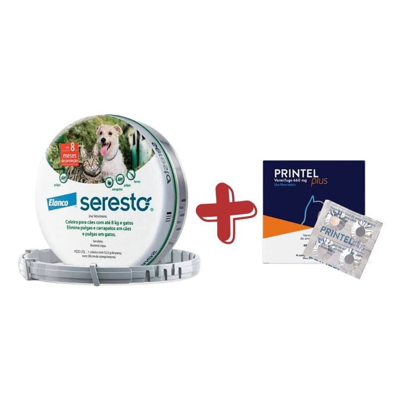 Kit Seresto Coleira Antipulgas Cães até 8kg + Vermífugo Printel Plus 4 Comprimidos