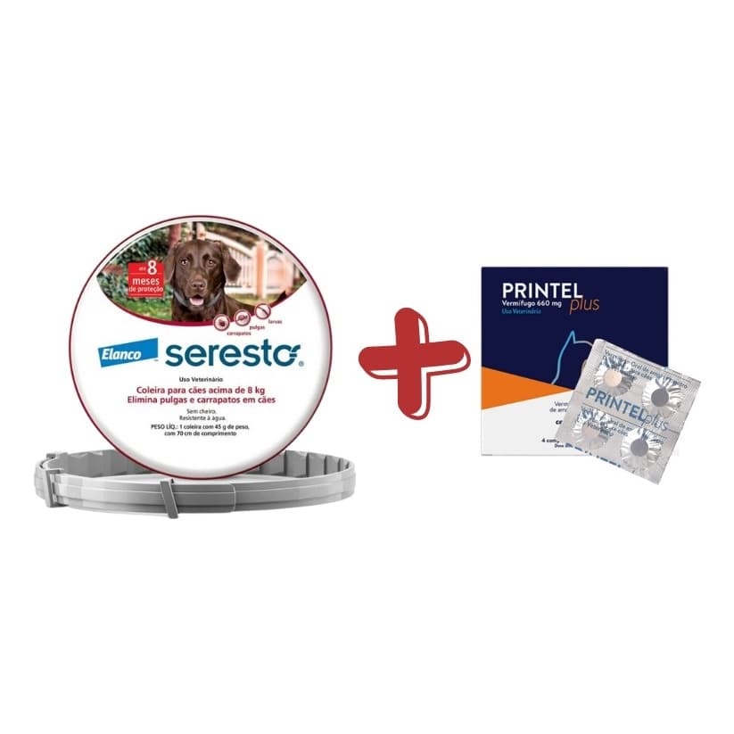 Kit Seresto Coleira Antipulgas Cães acima de 8kg + Vermífugo Printel Plus 4 Comprimidos