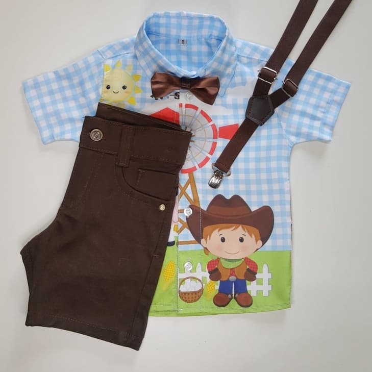 Conjunto Temático Fazendinha Completo Infantil Camisa  Short Suspensório e  Gravata Tecido de Altíssima Qualidade