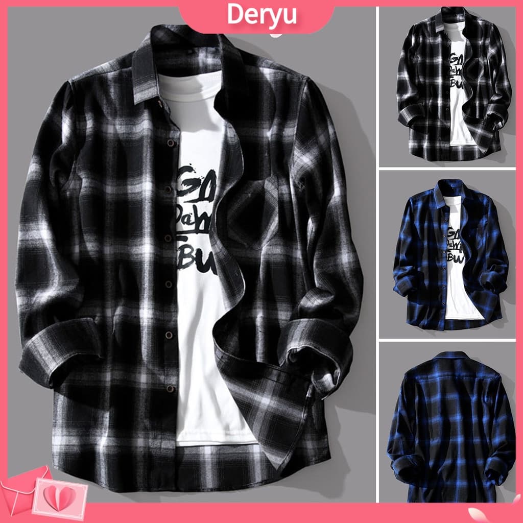 [deryu] Homens Camisa De Primavera Estampa Xadrez De Manga Comprida Cores Contraste Lapela Quente Botões De Correspondência De Cor Único Casaco De Outono Para Uso Diário