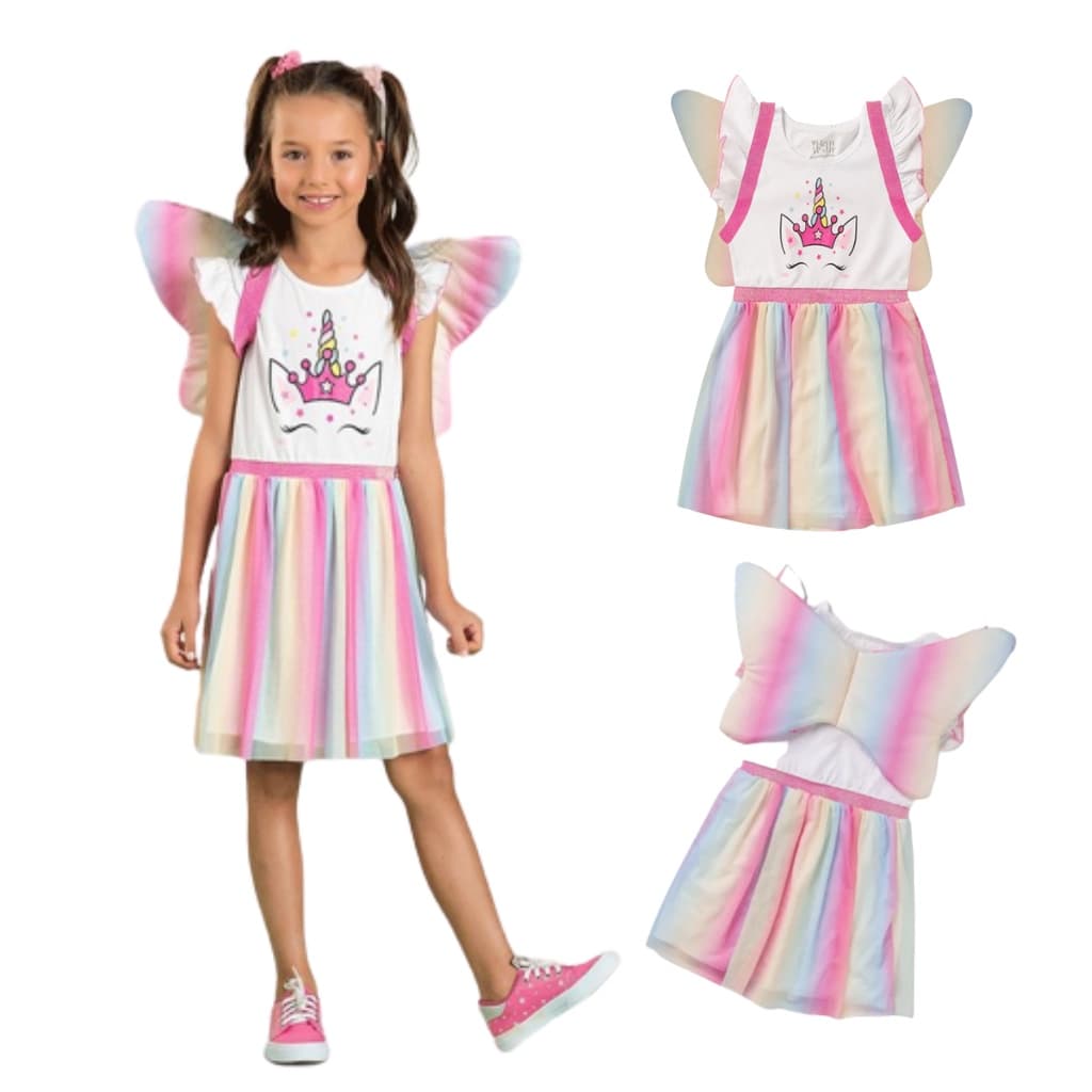 Fantasia Infantil Menina Unicórnio com Asa Colorida Vestido Infantil