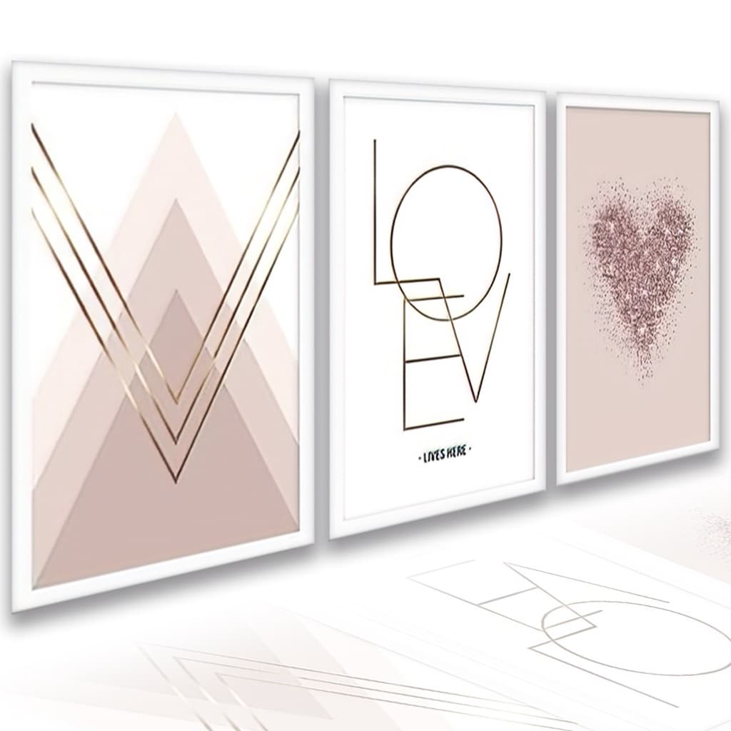 Kit 3 Peças Quadros Decorativos de Parede Quarto Sala Moldura Hall Love Feminino Delicado