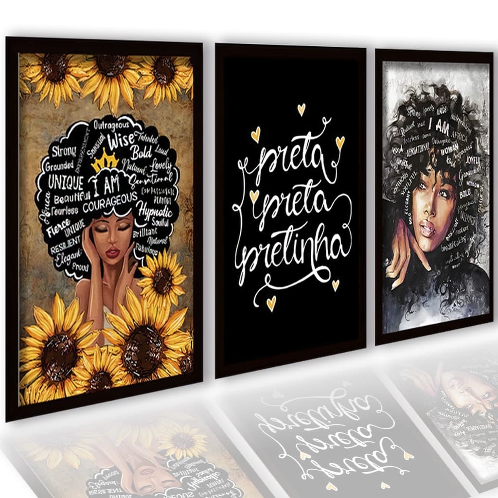Kit 3 Peças Quadros Decorativos Preta Pretinha Cabelos Cacheados Cultura Top Para Sala Quarto Moldura