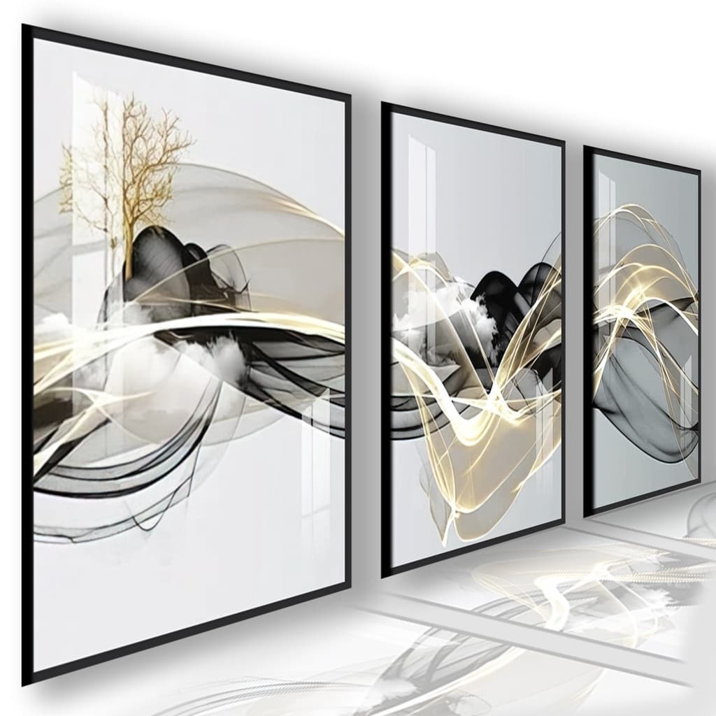 Quadro Decorativo Sala Abstrato Linha Gold Moldura Moderna