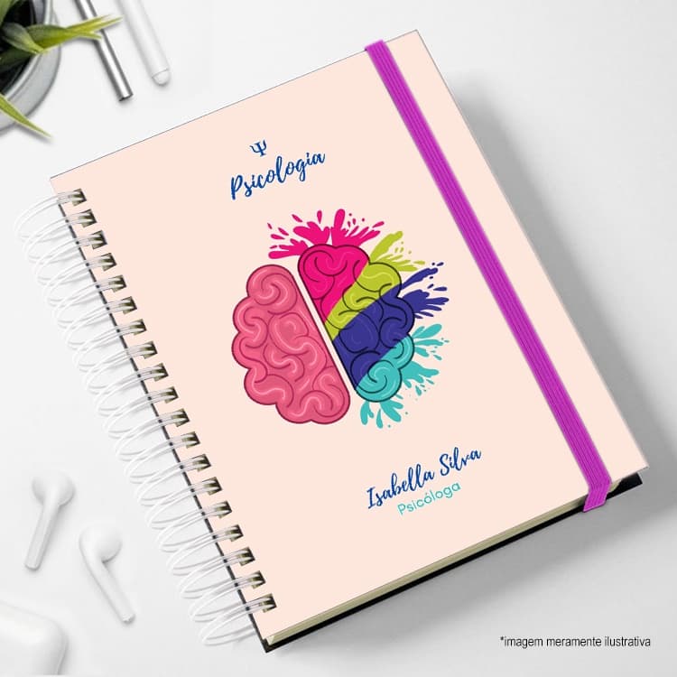 Agenda rosa com logo psicologia  personalizada 2026 com Nome e Elástico psicóloga femenina pais