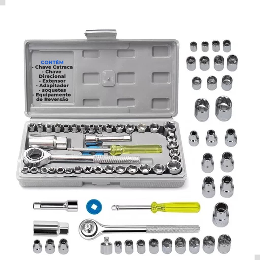 Kit Chave Catraca 40 Peças – Kit Chave Soquete e Acessórios – Ferramenta Manual