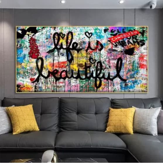 Quadro decorativo 1 peça 110x80cm Grafite arte inspiradora citação a vida é bela para sala de estar