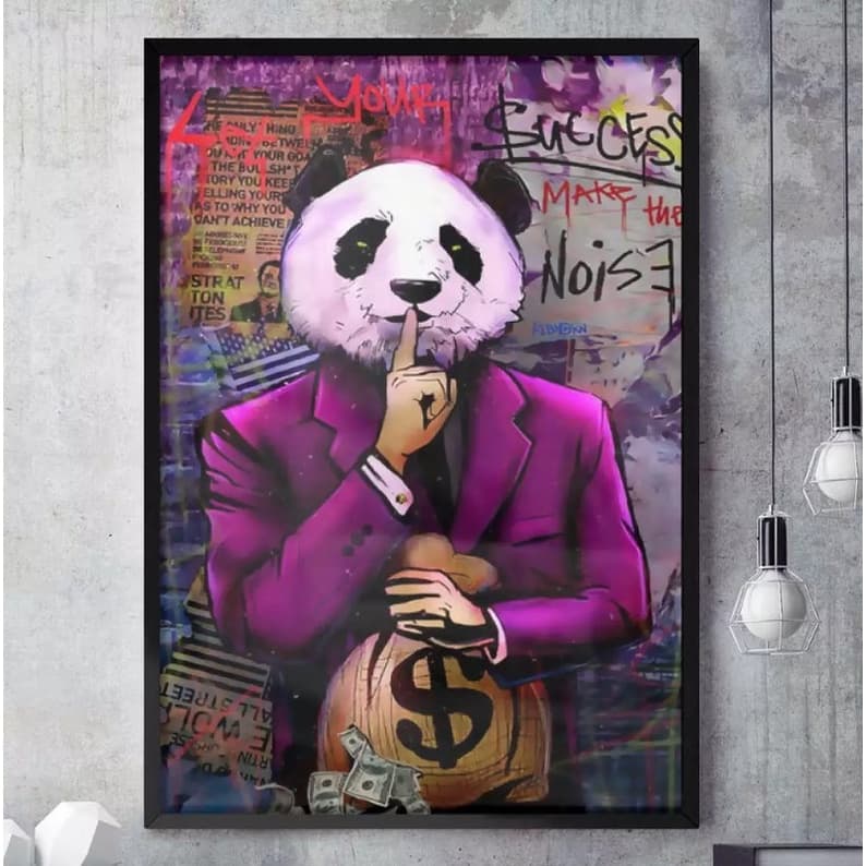 Quadro Decorativo 110x80cm Grafite Panda com Money