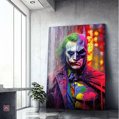 Quadro Decorativo 110x80cm Confronto Épico entre Morcego e Palhaço