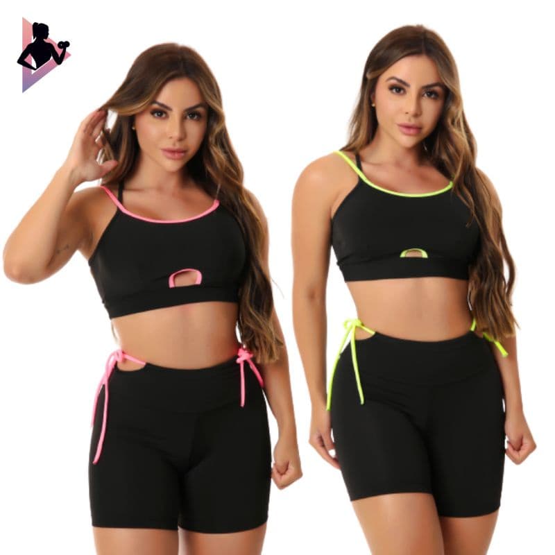 Conjunto Feminino Fitness De Academia Neon Top Sem Bojo Com Tiras Nas Costas Short Legging Com Regulagem Nas Laterais
