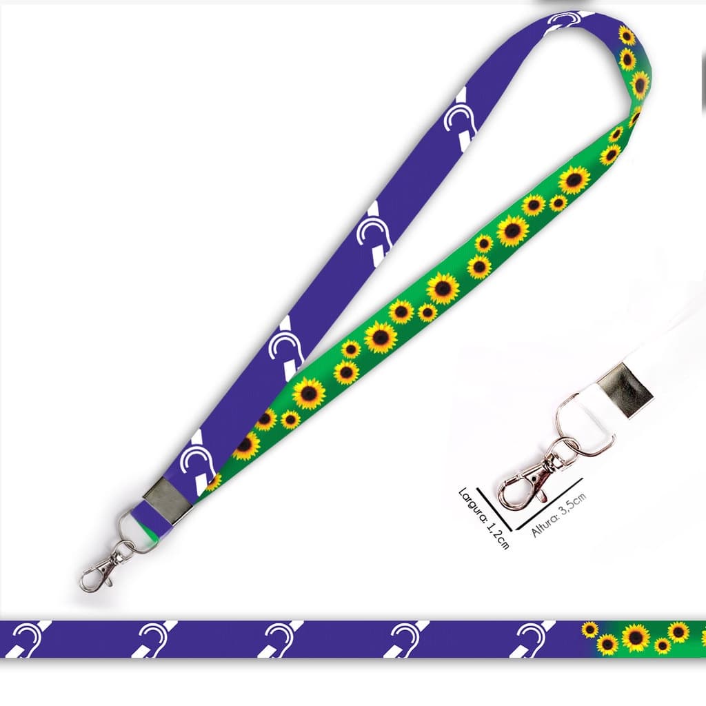 Cordão personalizado Baixa Audição e Girassol para crachá ou chaveiro com Mosquete