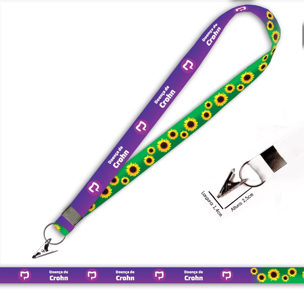 Cordão personalizado Doença de Crohn e Girassol para crachá ou chaveiro com Jacaré