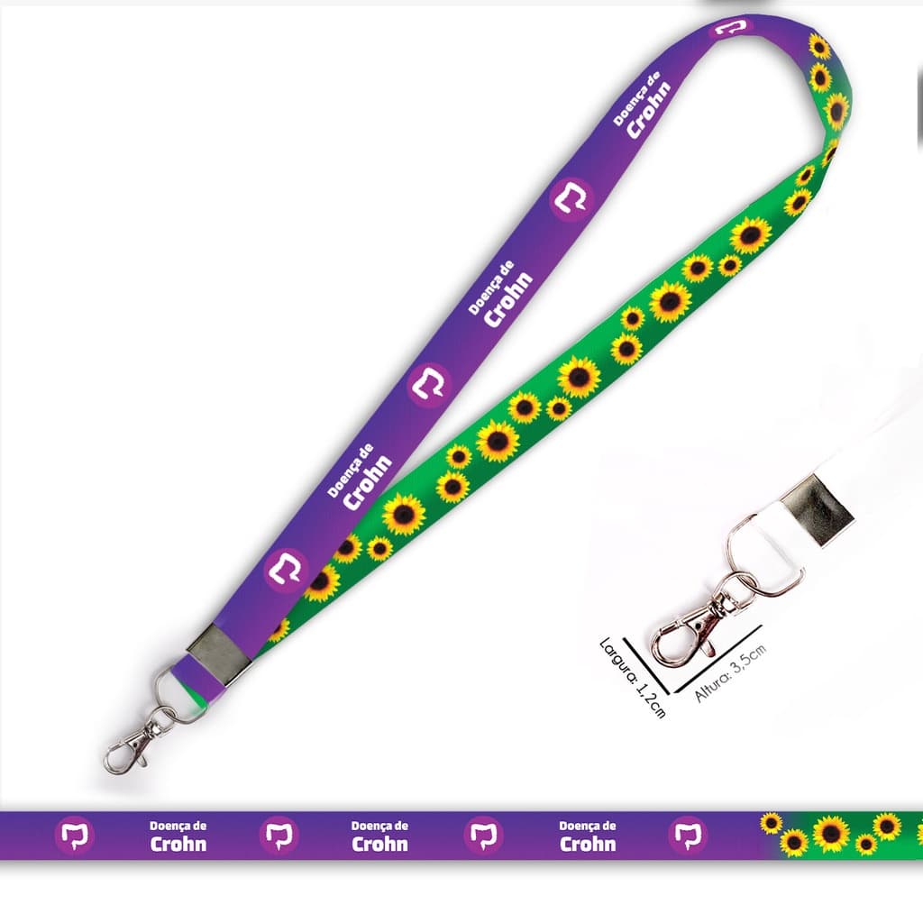 Cordão personalizado Doença de Crohn e Girassol para crachá ou chaveiro com Mosquete