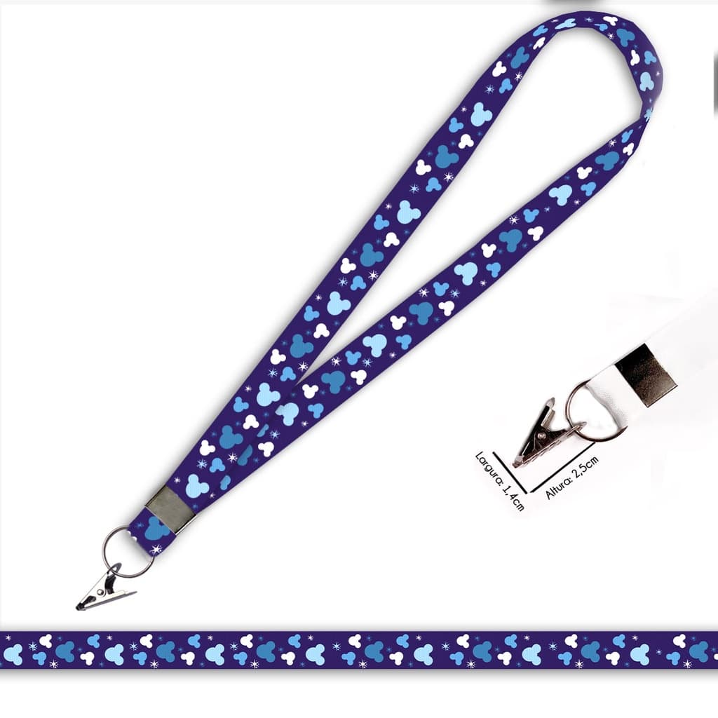 Cordão personalizado Mickey Azul para crachá ou chaveiro com Jacaré