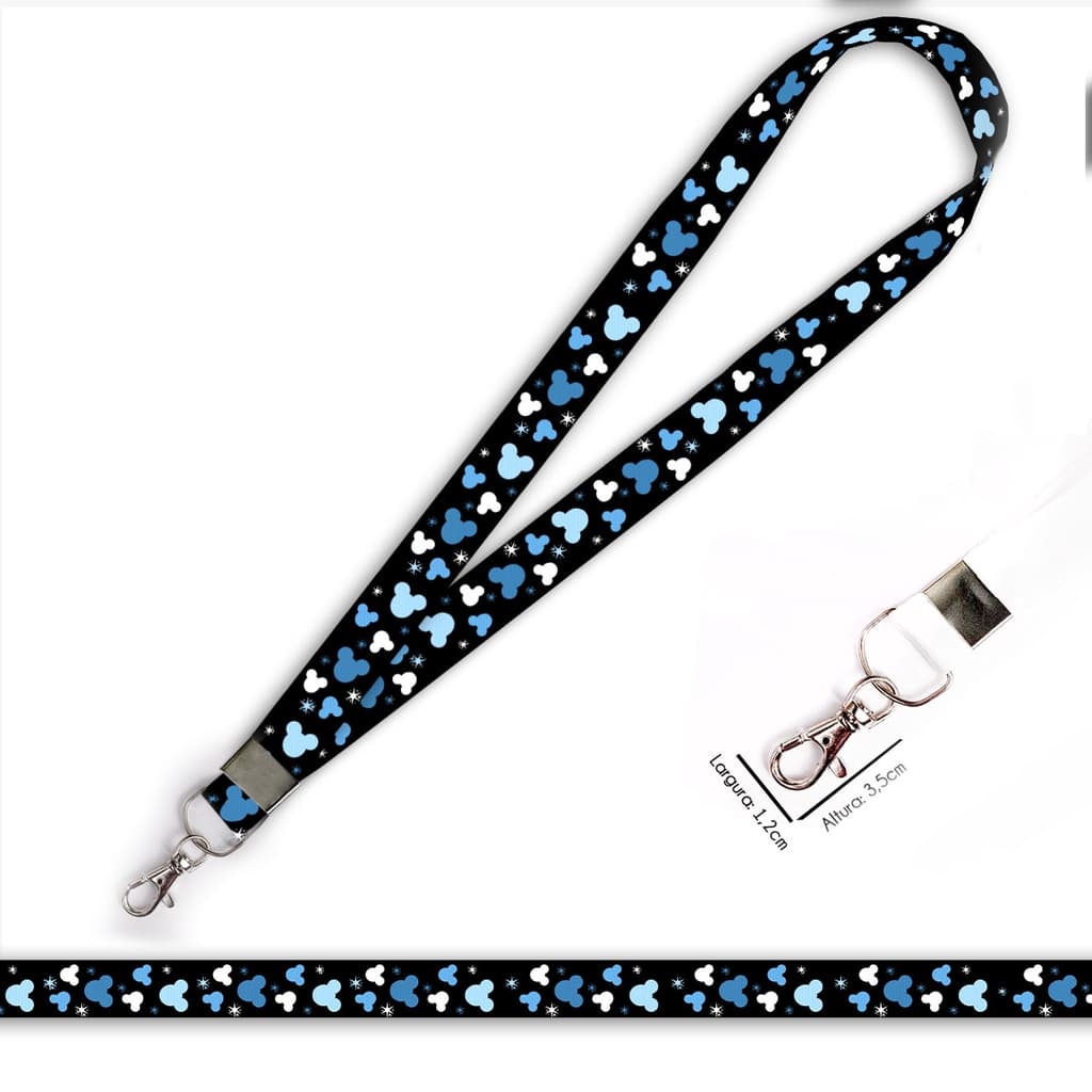 Cordão personalizado MIckey Preto para crachá ou chaveiro com Mosquete