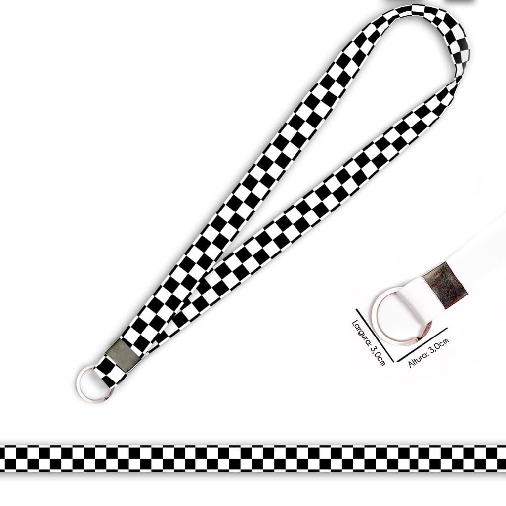 Cordão personalizado Quadriculado Preto e Branco para crachá ou chaveiro com Argola