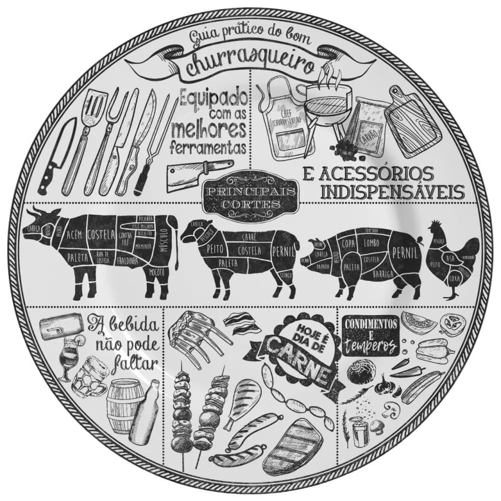 Prato Raso Decorado Churrasco Ceramica Resistente 28,5cm