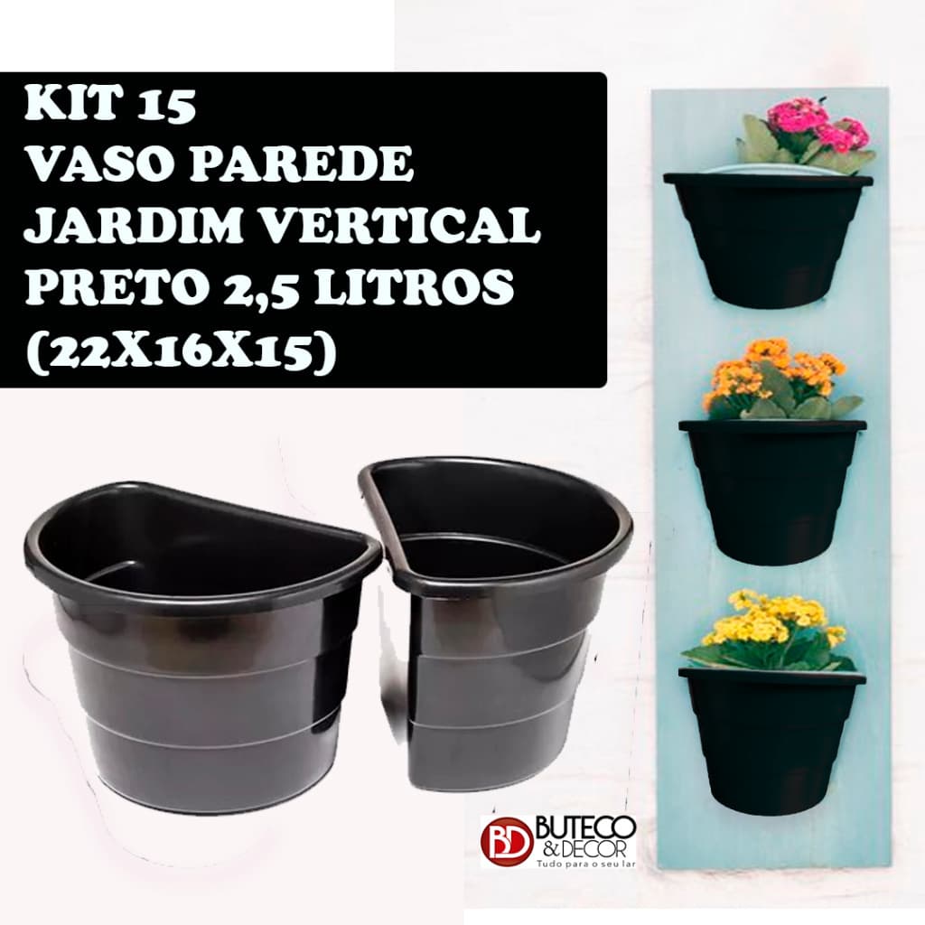 KIT 15 VASO PAREDE JARDIM VERTICAL, MEIA LUA , DE PAREDE PRETO 3,3 LITROS (22X16X15)