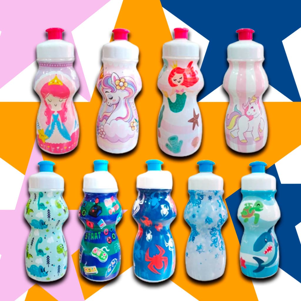 KIT 4 GARRAFINHAS PARA ÁGUA SQUEZZE 200ML  TEMAS INFANTIL  ESCOLA VOLTA AS AULAS GARRAFA DE AGUA