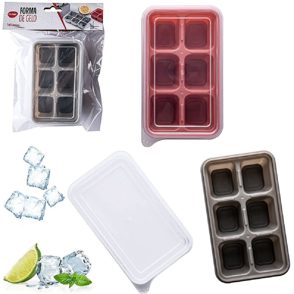 Kit 2 Formas De Gelo Retangular Mini de Plástico Com Tampa